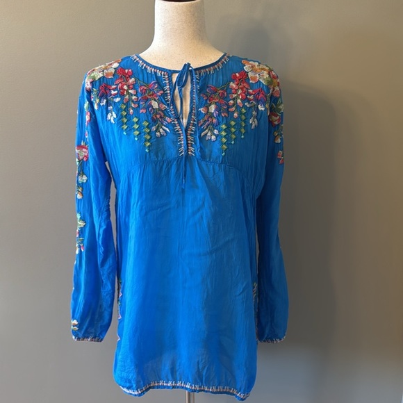Johnny Was Sheer Blue Floral Embroidered Tie Front Tunic Top - Picture 3 of 14